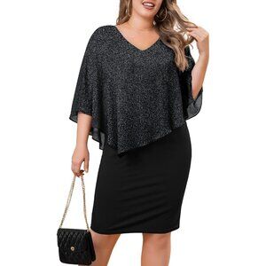Plus Size V Neck Bodycon Midi Dress Chiffon Cape Elegant Evening Wear